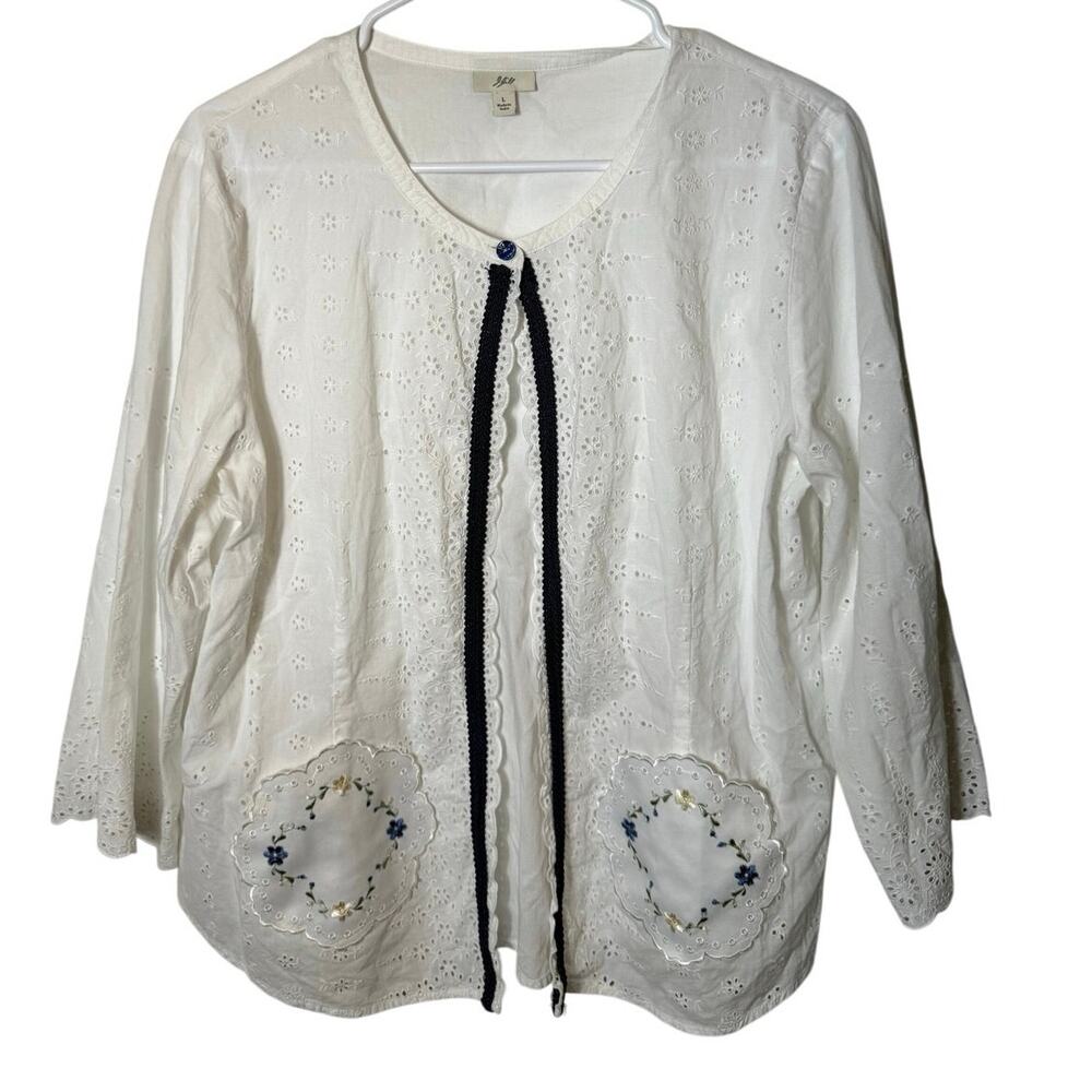 Vtg 90s J Jill Rare HTF Cottagecore White Eyelet Embroidered Doily Pocket Top L